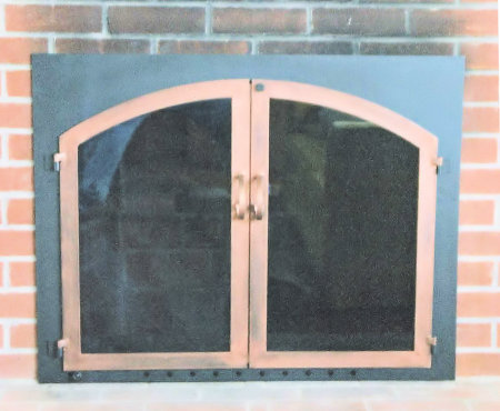 Chatham square to arch black frame with antique copper twin doors with smoked glass and visual draft panel comes with slide mesh spark screen